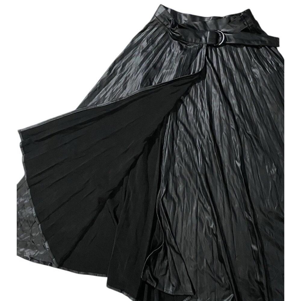 Zara Black Faux Leather Midi Skirt Belt Pleated Maxi Women XS Blogger Fave Wrap - Picture 6 of 11